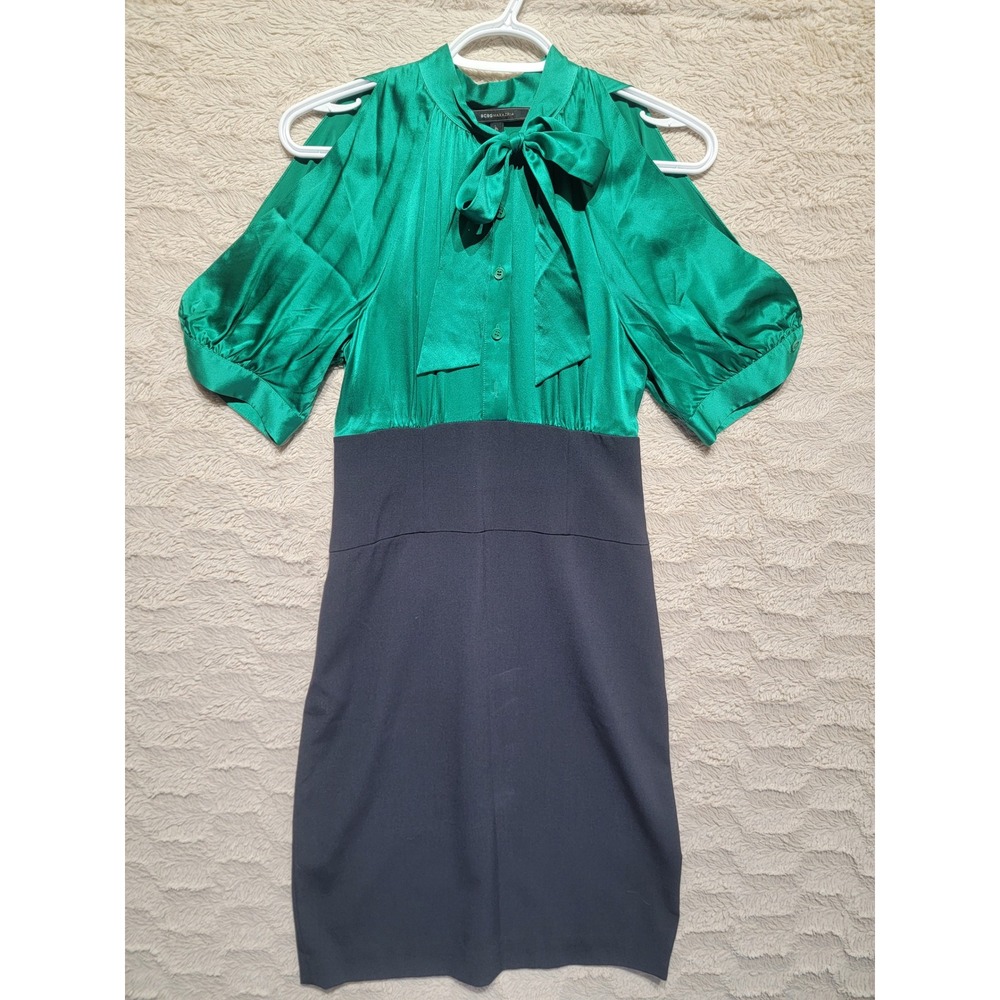 BCBGMAXAZRIA Green Satin Cold Shoulder Bow Dress Black Skirt 0
